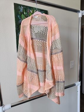 Open-Knit Peach & Beige Draped Cardigan Sweater